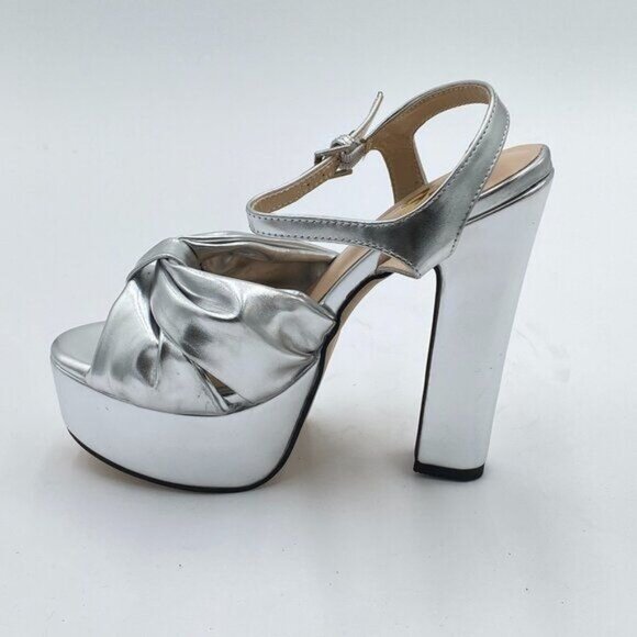 FSJ Silver Platform Chunky Block High Heel Sandals Peep Toe Ankle Strap Shoes - Picture 2 of 8